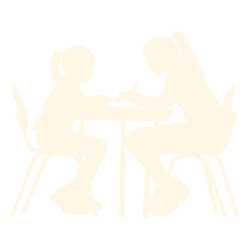 ícone simbolizando uma conversa uma pessoa adulta e uma criança, sendo as duas mulheres, das quais, a adulta está dando suporte educacional