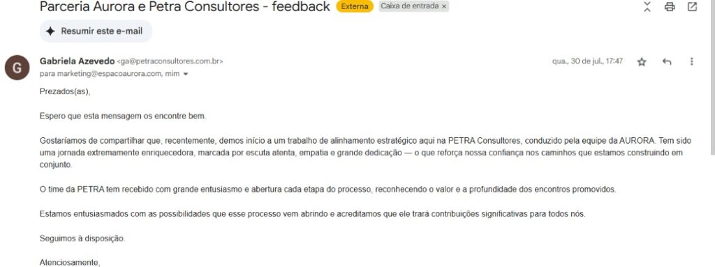 a tela do e-mail com algumas informações